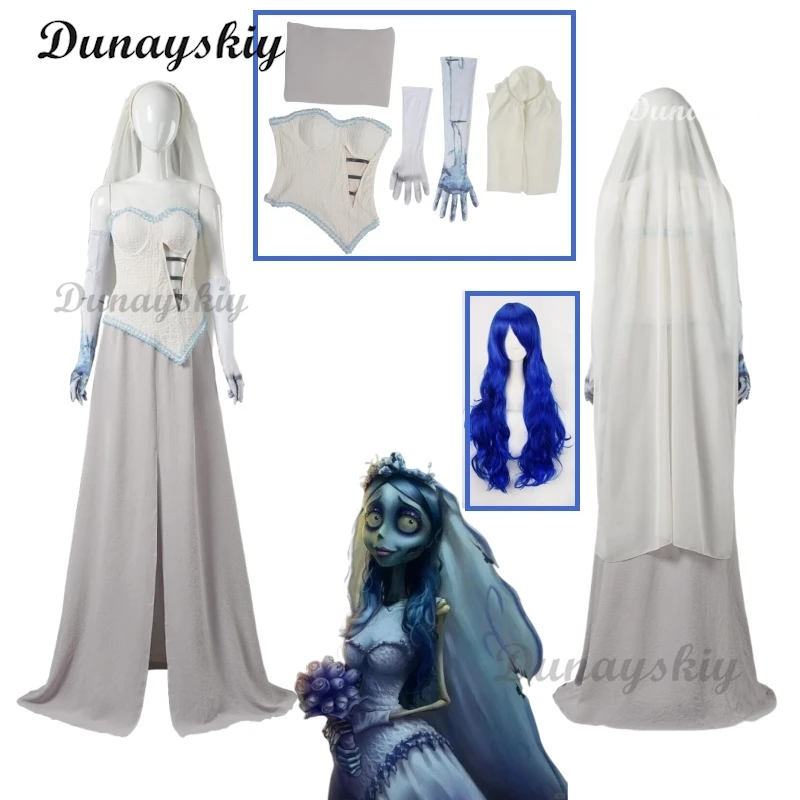 

Corpse Masquerade Bride Emily Cosplay Costume Wig Zombie Ghost Halloween Party Dress Customized Scary Gothic Poor Wedding Dress