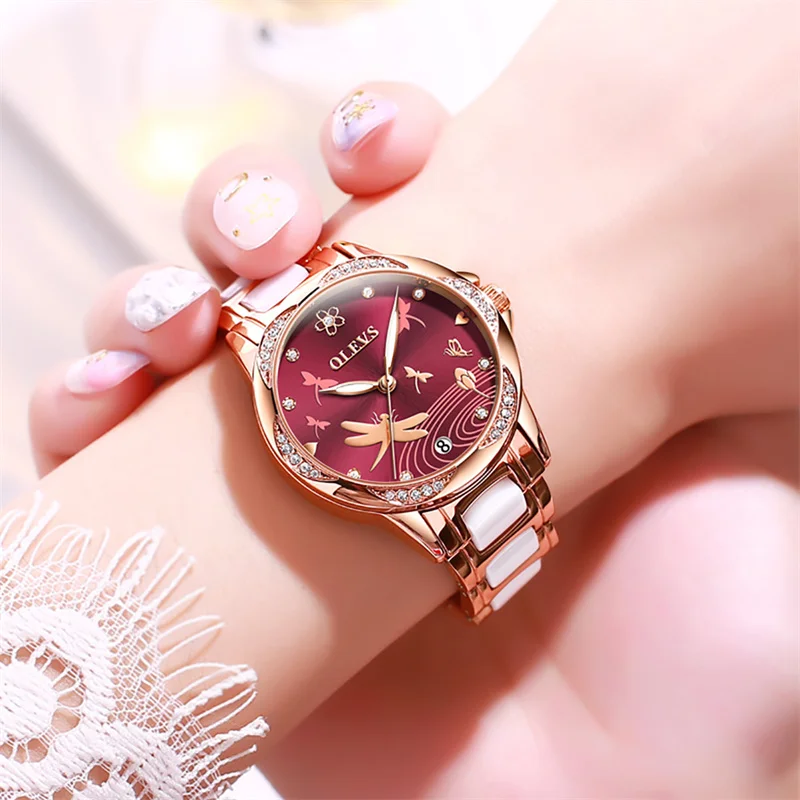 Olevs Dame Keramik Mode Uhr Frauen automatische mechanische Frauen Armbanduhren weibliche Kleider uhr relogio feminino 2024