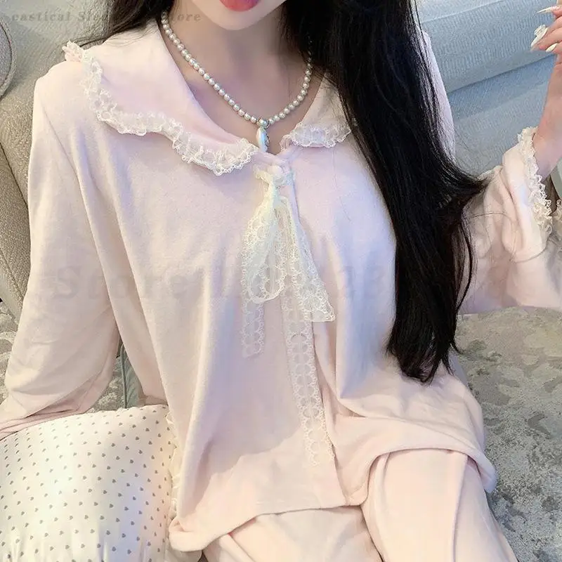 

Velvet Female 2PCS Pajamas Set Autumn Winter Velour Sleepwear Trouser Suits Pyjama Pour Femme Sweet Lace Homewear Lounge Wear