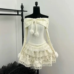 Winter Knit Japanese Kawaii Y2k 2 Piece Set Woman Off Shoulder Elegant Retro Skirt Suit Female Chic Tops + Cake Mini Skirt 2024