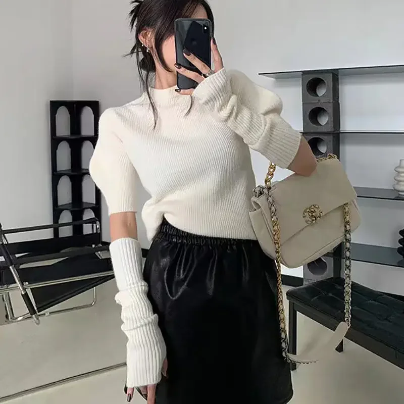 2022 Korean Style Knitted Sweater with Detachable Sleeves Women Casual Y2k Crop Tops Puff Sleeve Pullovers Office Lady Jerseys