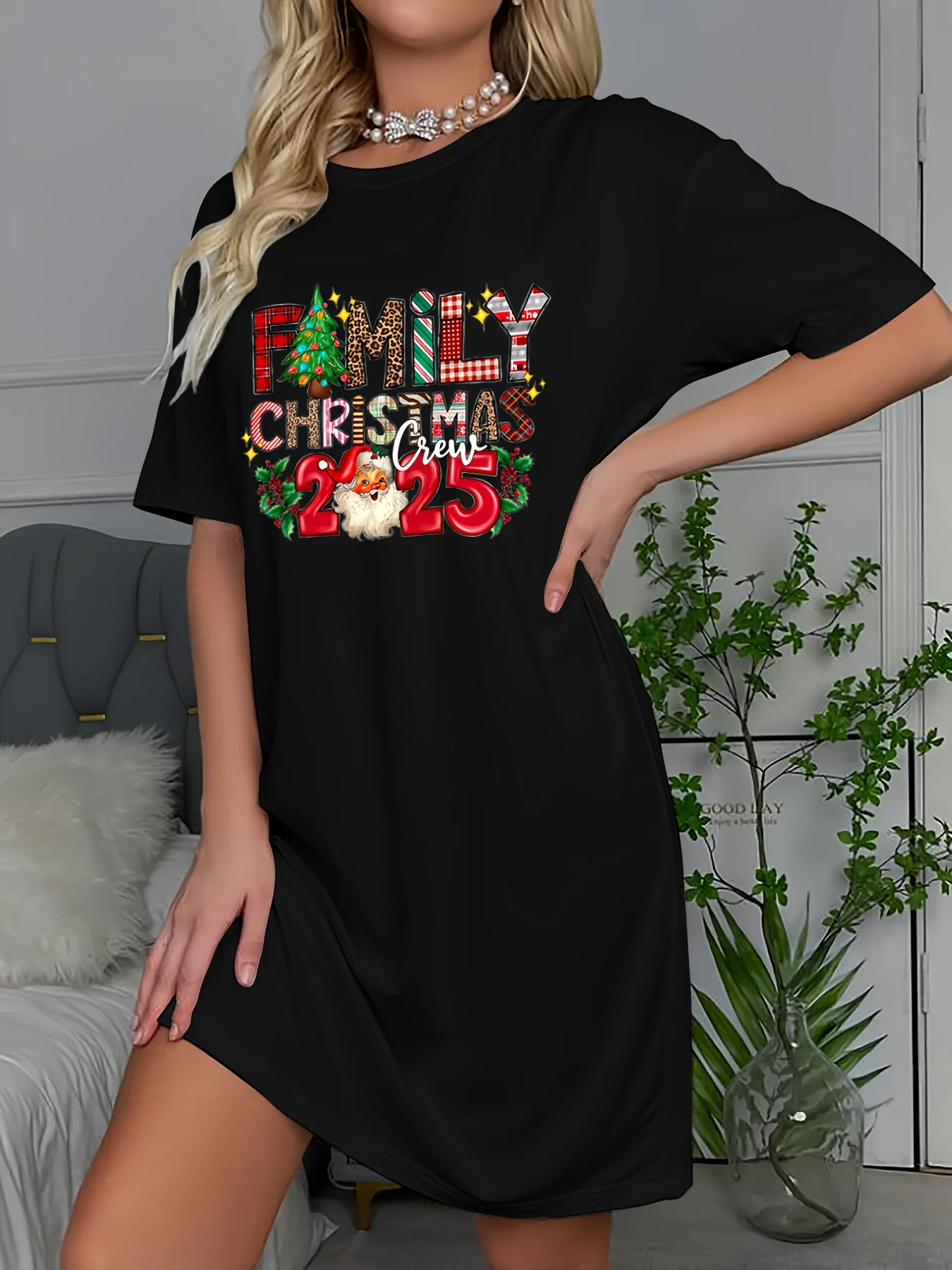 Vestido de natal feminino família natal 2025 impressão a linha vestido feminino véspera de ano novo vestido de festa feminino de manga curta y2k