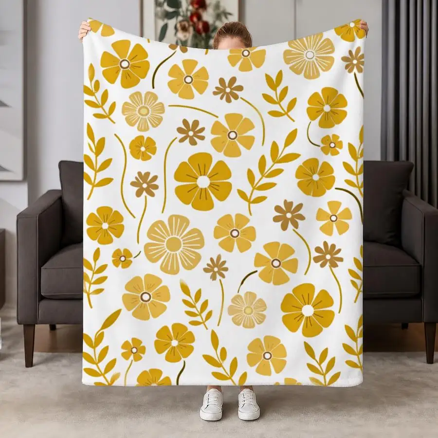 Elegant Yellow Floral Flannel Throw Blanket - Soft & Warm Repeating Botanical Pattern on White, Ideal for Couch, Bed, Office & Travel, Perfect Vintage-Style Gift for Family, Weighted Blanket 280GS