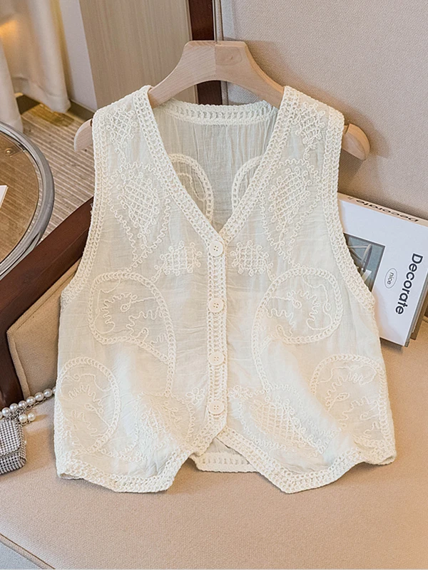 Retro Artistic Versatile Cotton Thread Hooked Flower Layered Sleeveless Vest Hollow V-neck Knitted Loose Lace Open Cardigan