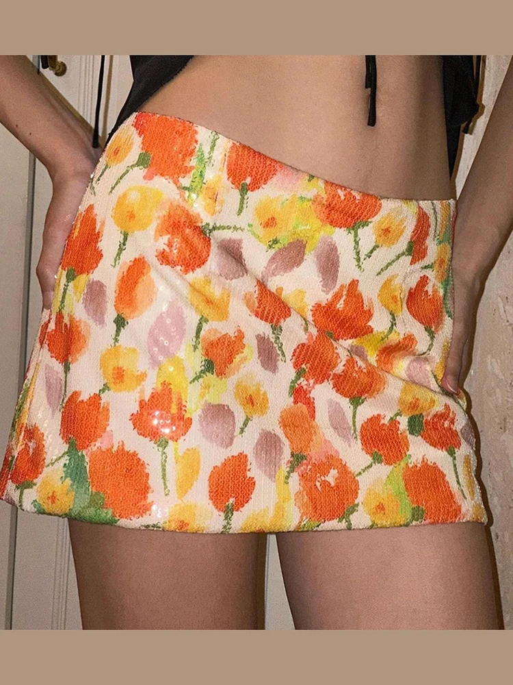 Weird Puss Sexy Sequins Skirts Women Y2K Summer Colorful Flower Print Style Skinny Culotes Street Hottie Trend Party Clubwear