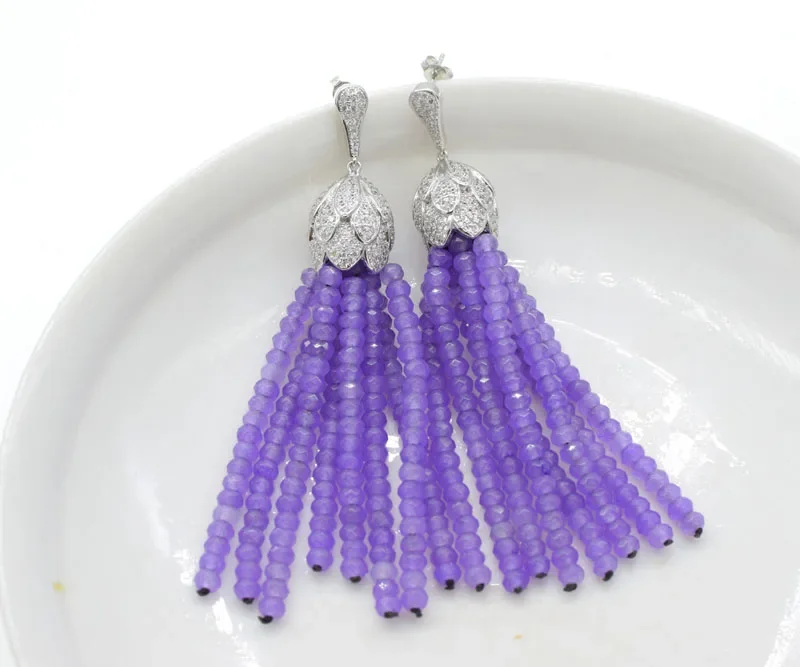 one pair  purple jasper roundel faceted 2*4mm  zircon tassel earrings   wholesale beads nature  FPPJ