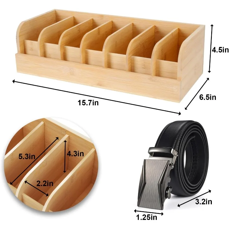

6 Compartments Belt Organizer for Closet and Drawer, Bamboo Display Case for Tie and Belt, Belt Storage Organizer for Men Women