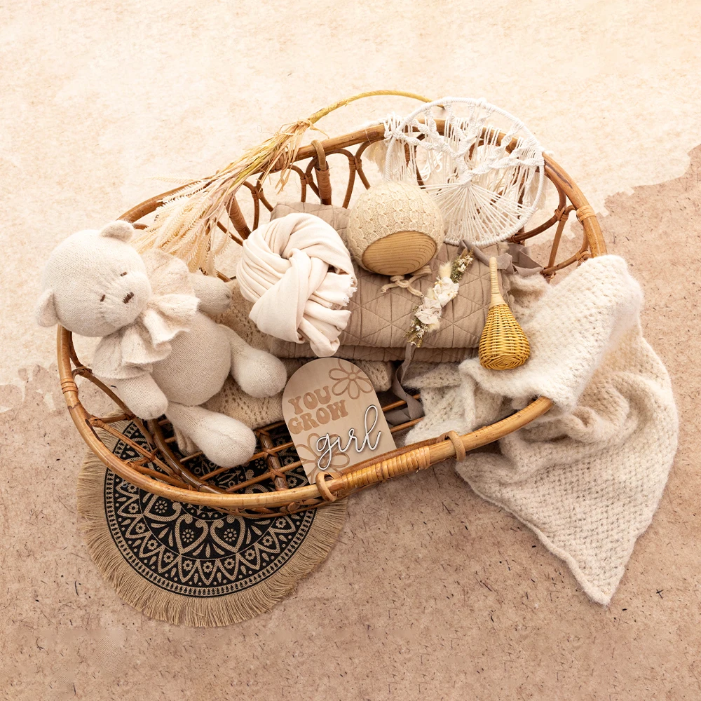 Kit di oggetti di scena per fotografia neonatale marrone rilassante, fascia per cuscino avvolgente elasticizzato, bambola per orsacchiotto, studio per decorazioni per scene fotografiche per bambini