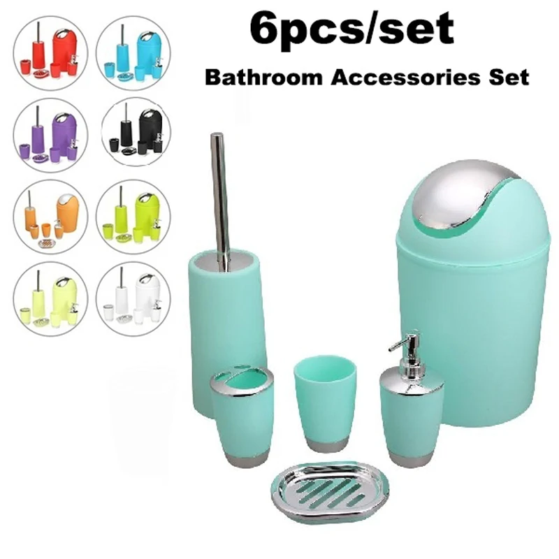 Dreamburgh 6pcs Bathroom Accessories Set Bath Toilet Brush with Trash Can Toothbrush Holder Set Wash Tools Suit Soap Tumbler Cup