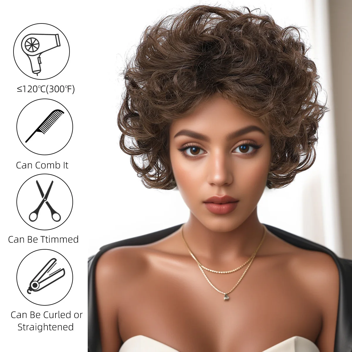 Cross border European and American fashion wig fluffy messy brown wig short curly hair headband-Synthetic fiber wig