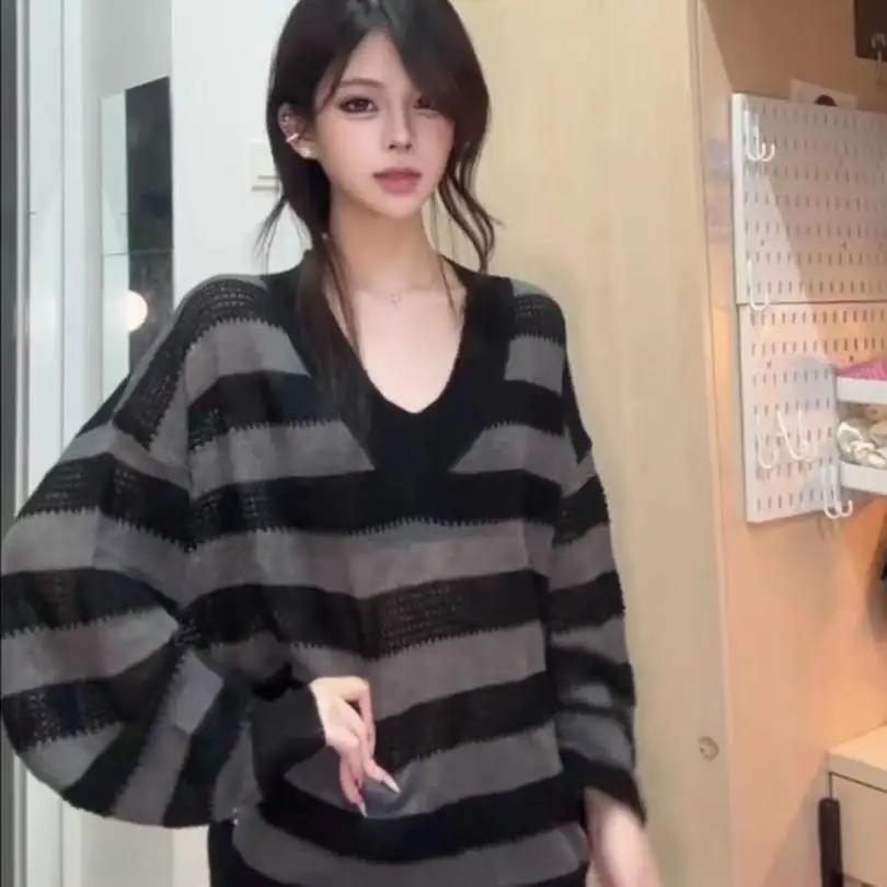 2026 New Women Lazy Style Black Sheer Stripe Knit Fashion Cover‑up Loose Summer Casual Long Sleeve Top