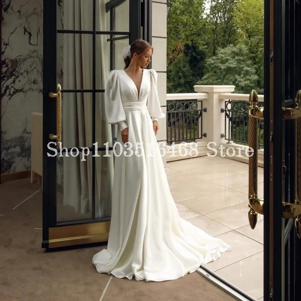 Vestidos de novia de línea a para mujer, ropa elegante de satén con cuello en V y manga larga, color blanco, para ocasiones formales, 2024