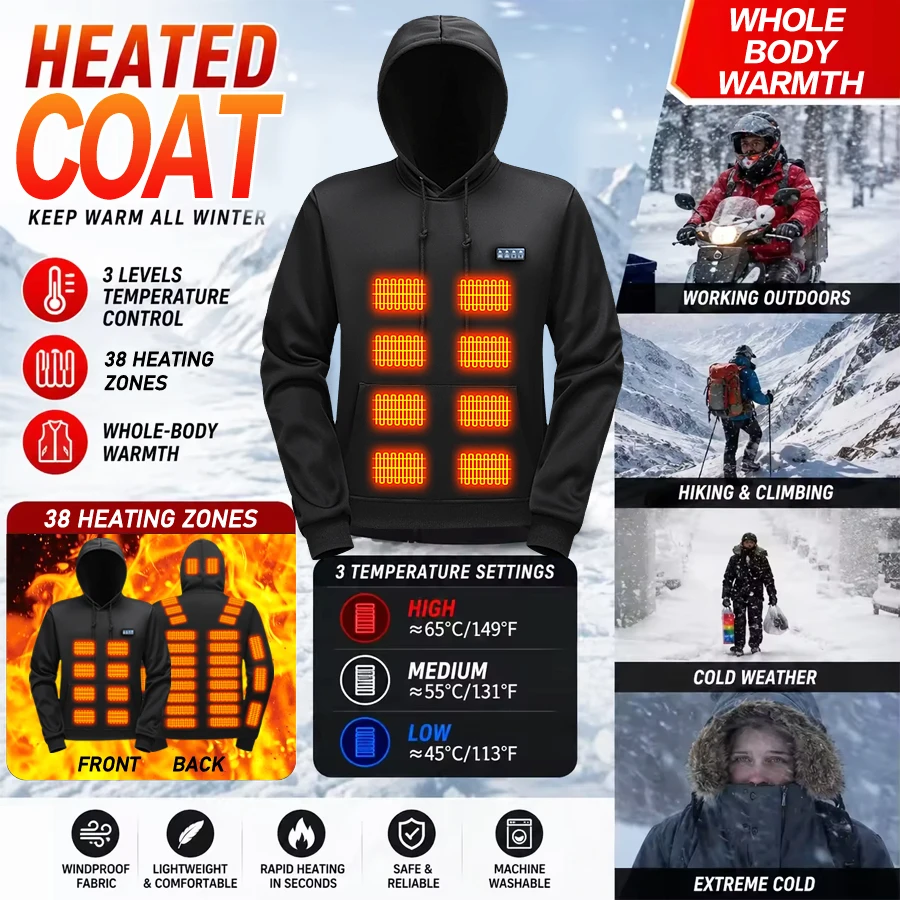 Winter Electric Heated Sweatshirt Unisex 38 Heating Panels Full-Body Warm 3-Level Temperature Adjust USB Powered Pullover Hoodie