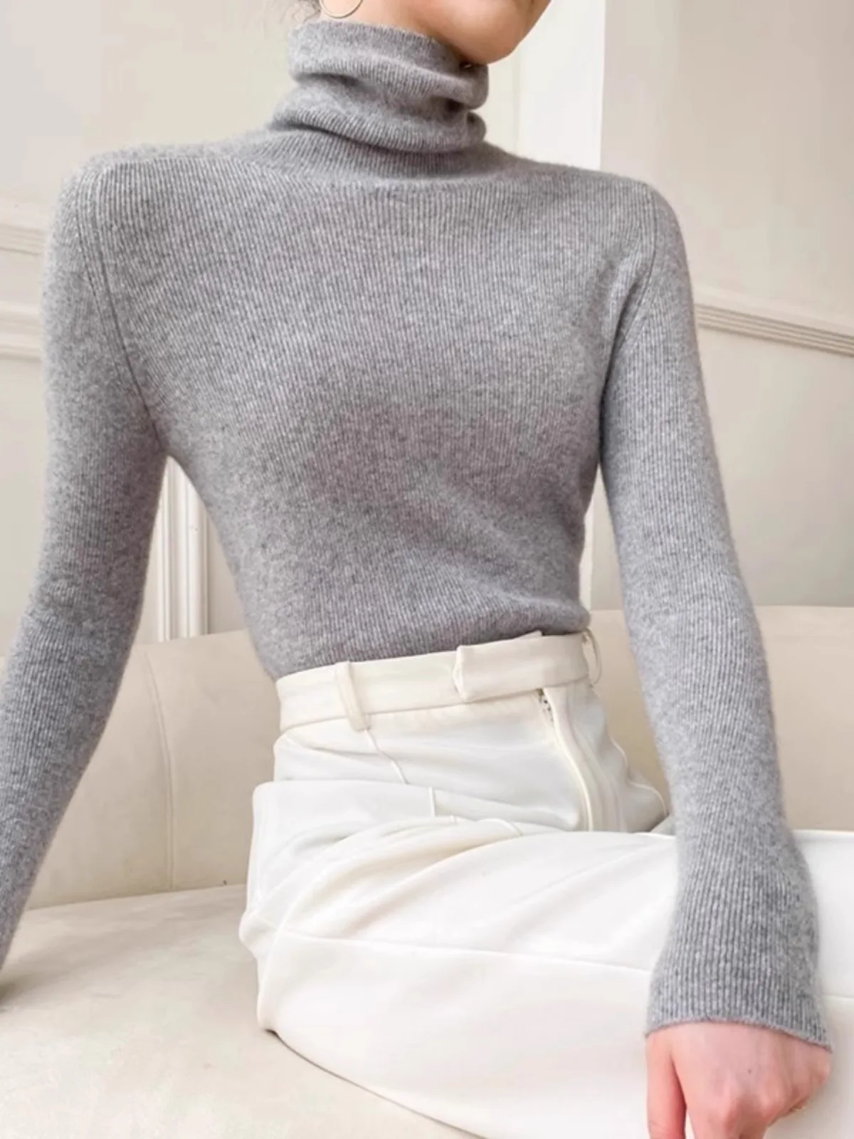 الخريف الشتاء المرأة عالية الياقة Thiened Camere محبوك سترة قسط الشعور ملابس داخلية قاعدة طبقة الصوفية