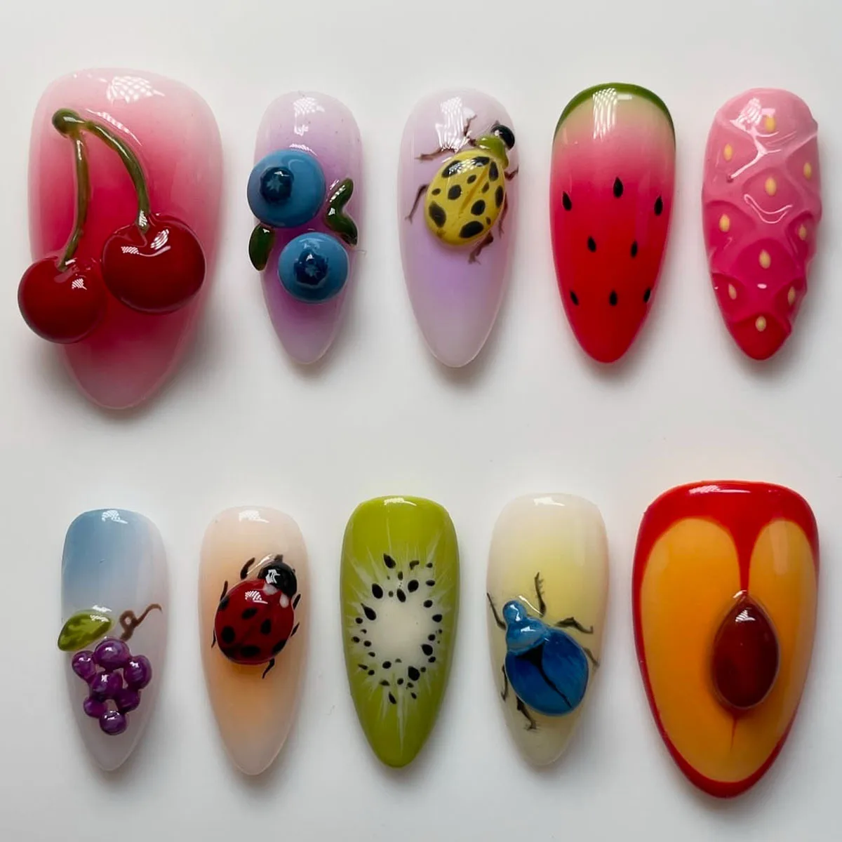 

10pcs Wearable Handmade False Nails Sets Cute Dopamine Long Almond Fruit Full Cover Nail Tips Rhinestone Press on Fake Nails Art