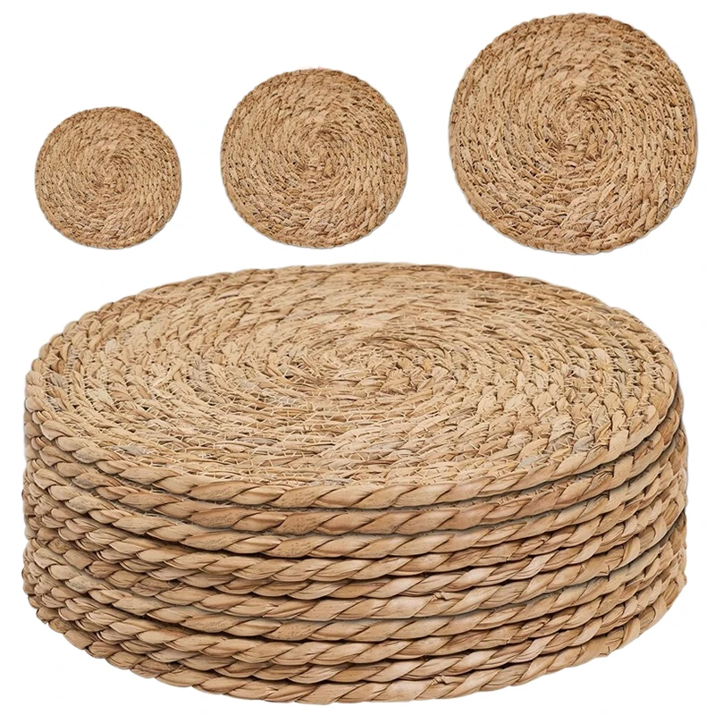 

2Pcs 11/15/20/25/30/35cm Japanese Placemats Handwoven Rattan Heat Insulation Pot Mat Round Cutlery Placemat Dinning Table Decor