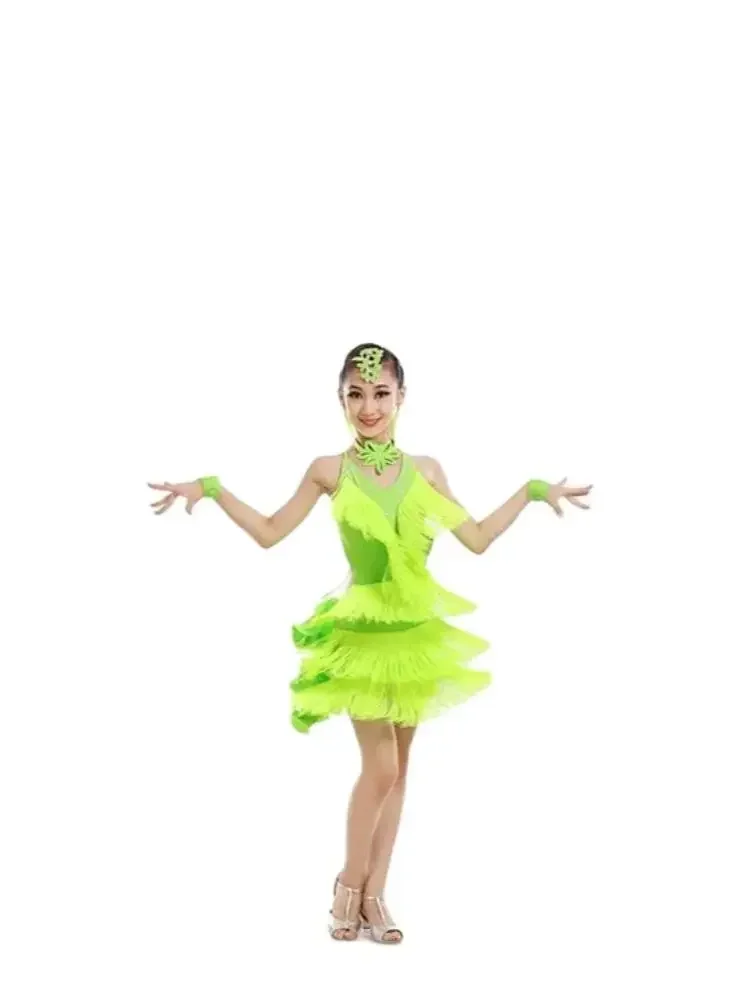 

1pcs/lot children tassel latin dancing dress girl backless patchwork cha cha latin dancing dress