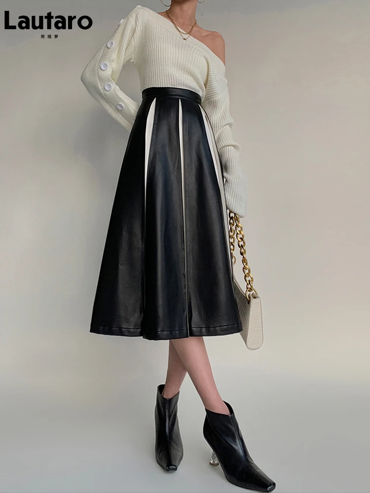 Lautaro Spring High Waisted Soft Pu Leather Midi Skirt Women Luxury Office Fashion 2022 White and Black Color block Skirts