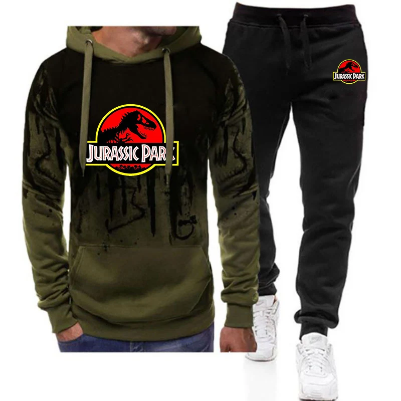 2024 Spring Autumn Men's Jurassic Park Logo Printing Popular Gradient Color Hooded Tracksuit+Casual Sports Jogging Trousers Sets