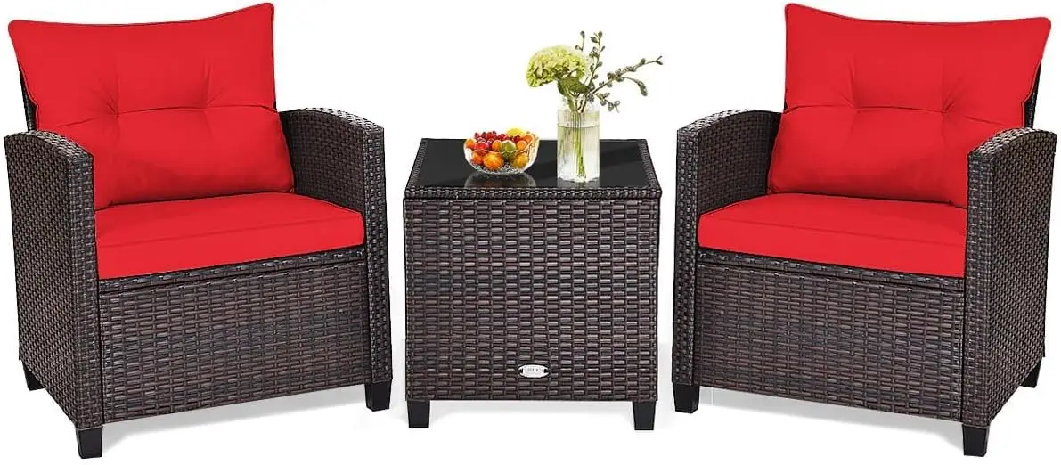 Happygrill-Rattan Móveis de vime Set, Pátio Conversa Set, Outdoor Bistro, Jardim sofá cadeira com lavável, 3 Pcs