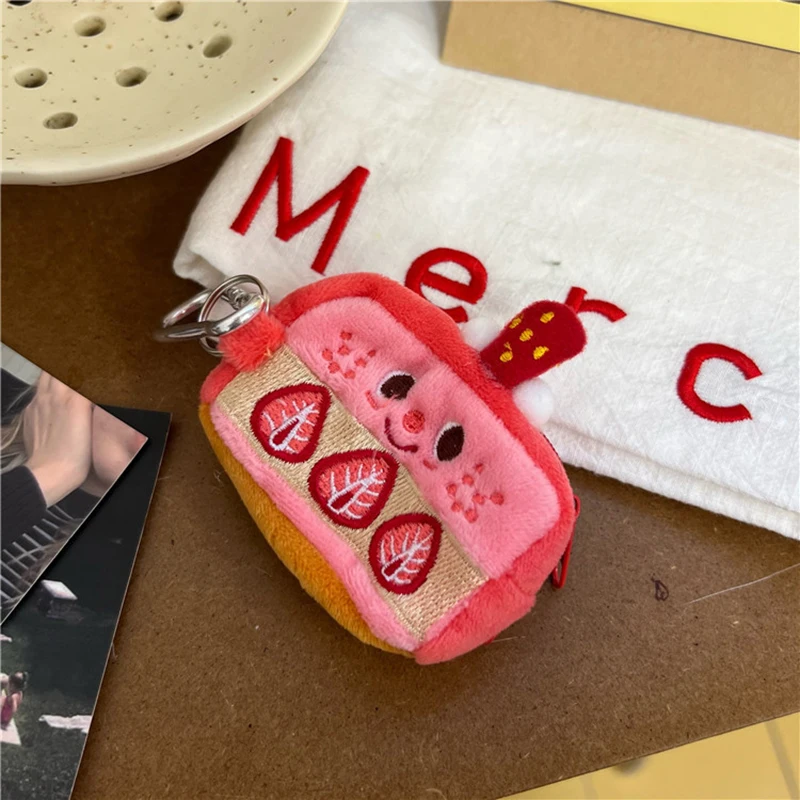 Aardbei Cake Kawaii Oortelefoon Etui Pluche Cartoon Schattige Portemonnee Met Rits Opbergtas Borduurzakje Sleutelhanger