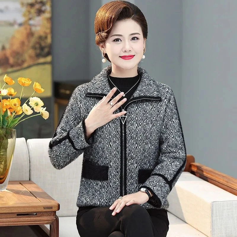 Spring Autumn 2024 New Woolen Jacket Mother Cardigan Wool Coat Lapel Button Imitation Mink Cashmere Women's Warm Coat Overcoat