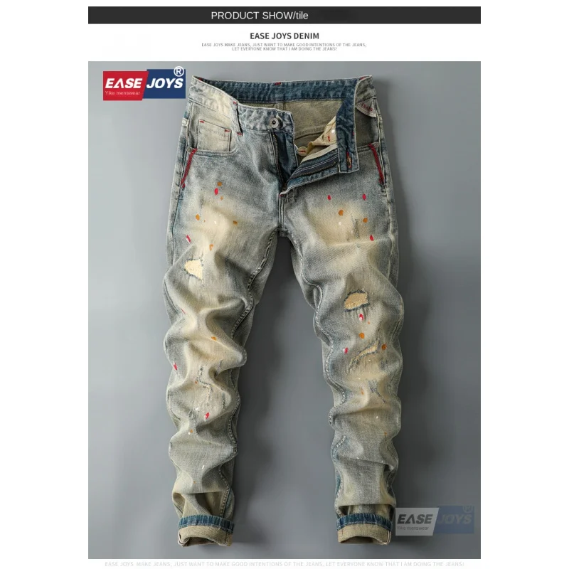 

Американские джинсы в стиле ретро, мужские повседневные ностальгические длинные брюки с рваными дырками в американском стиле, новинка 2025 года, маленькие ностальгические длинные брюки