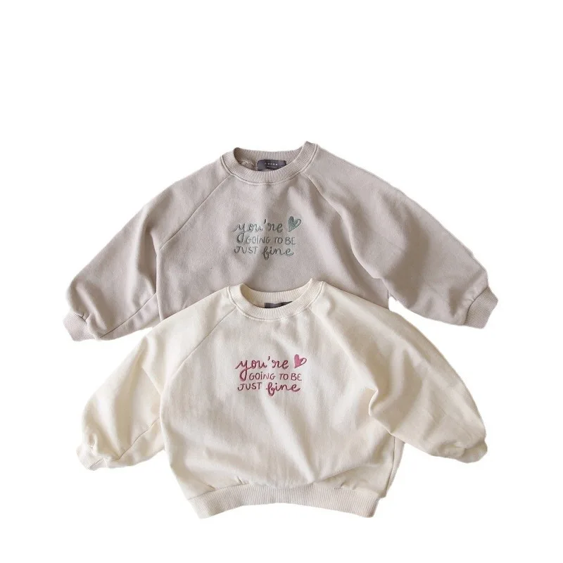 2024 Spring New Children Long Sleeve Sweatshirt Baby Boy Girl Cotton Casual Tops Toddler Letter Embroidery Pullover Kids Clothes