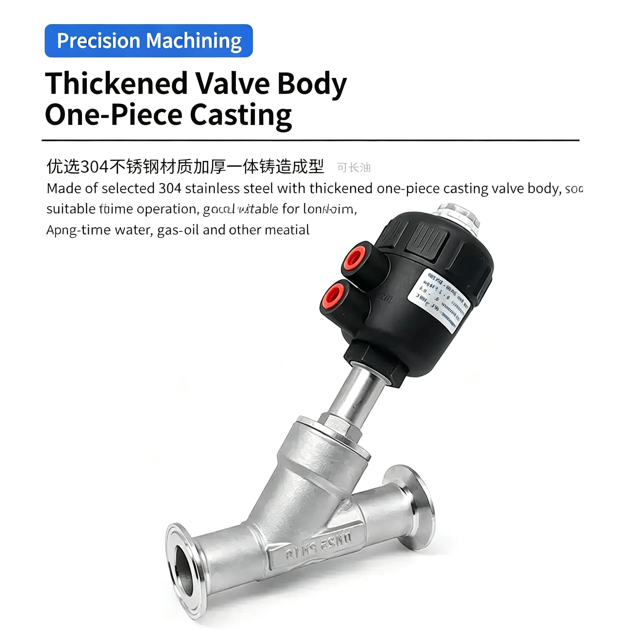 Tri Clamp Y Shaped Angle Seat Valve Pneumatic Actuated 304 Stainless Steel for Steam Gas Oil Water - Sizes DN15 to DN50