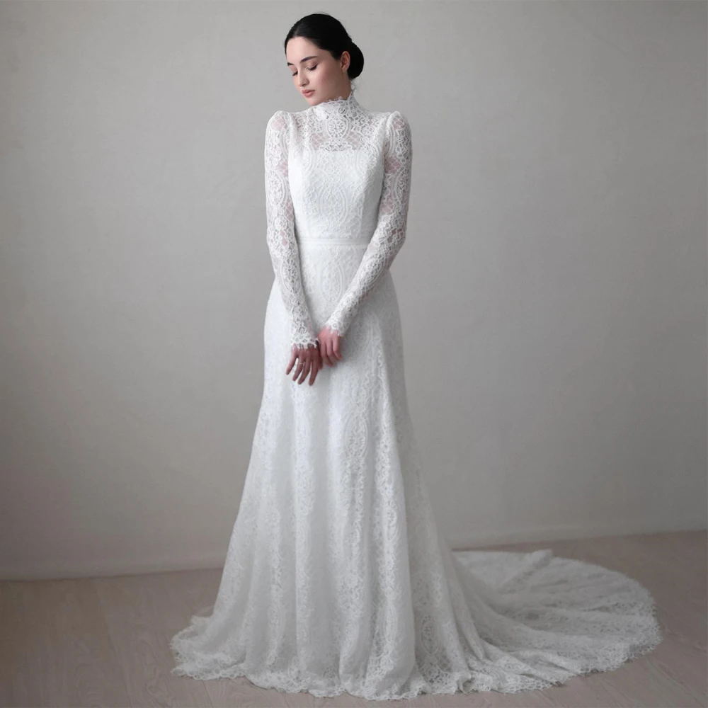 

Modest White A Line Full Lace Wedding Dresses Long Sleeves High Neck Sweep Train Bridal Gowns Elegant Bride Gown Vestidos 2024