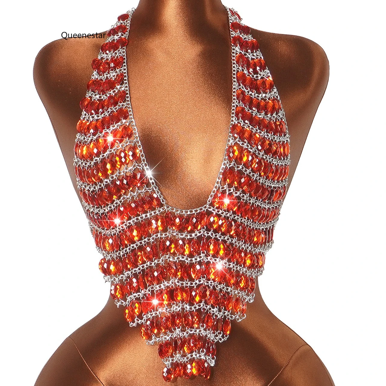 Red Gold Gun Color Bling Breat Chain Acrylic Rhinestone Hollow Halter Bra Tops Camis Holiday Dance Party Costume Body Jewelry