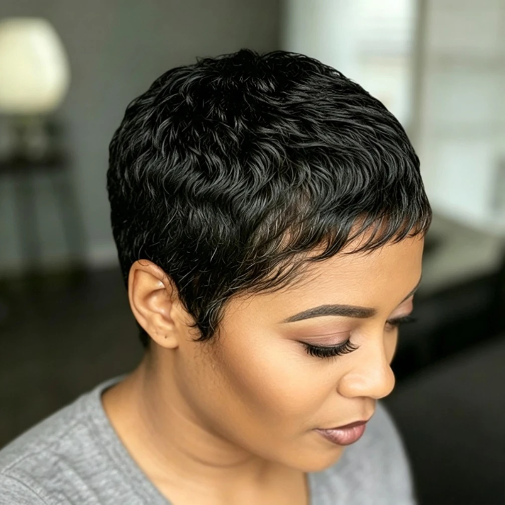 Curly Wave Wig 150% Density 4 Inch Pixie Cut Curly Wave Human Hair Wig for Women Machine Made Wig for Daily Wear and Party