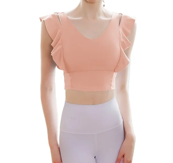 

Sports Wear for Women Gym Crop Top Push Up Nylon Ruffle Wireless Yoga Underwear Workout Running Dance Short-Sleeve Fitness Vest