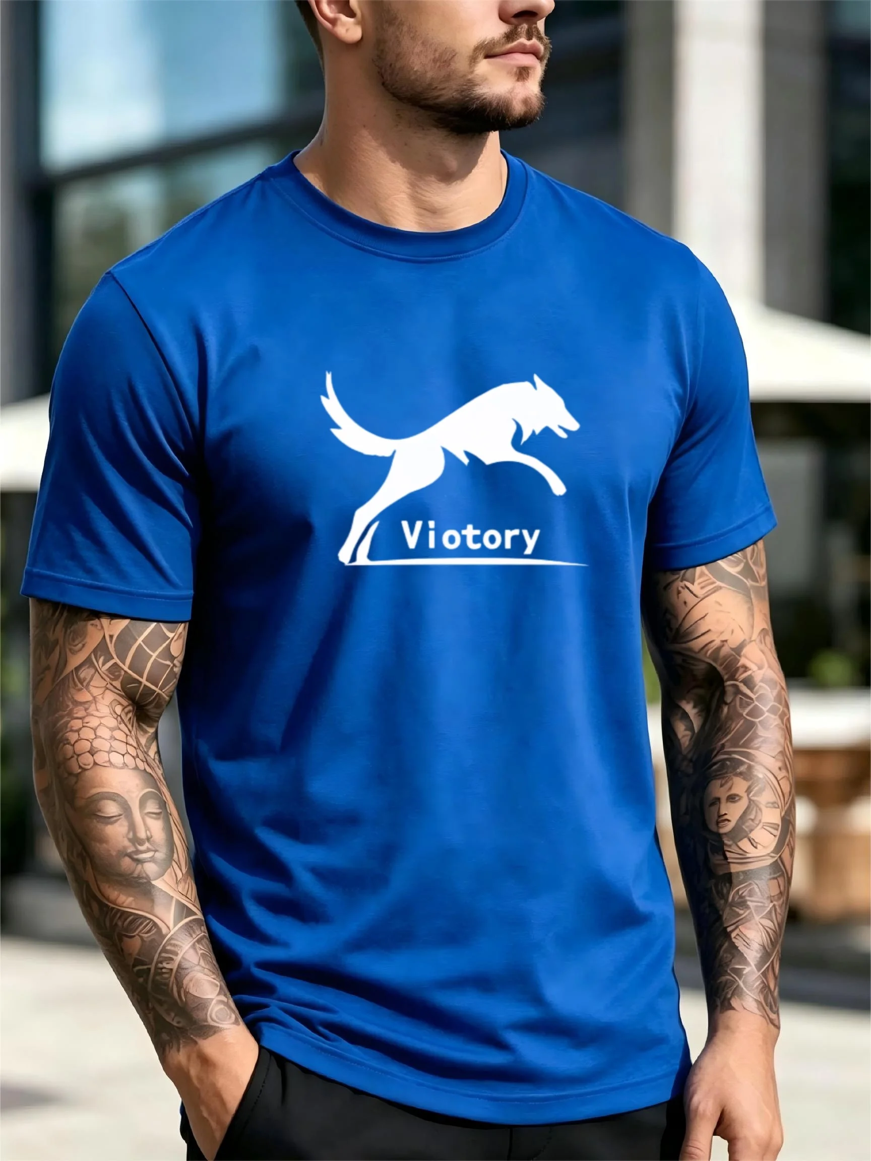 Men'S Short Sleeve T-Shirt Black Blue Red White Four Colors Optional Jumping Wolf Silhouette Victory Inspirational Text Small Print Loose Oversized Young Men Daily Commute Summer Casual Crew Neck Top