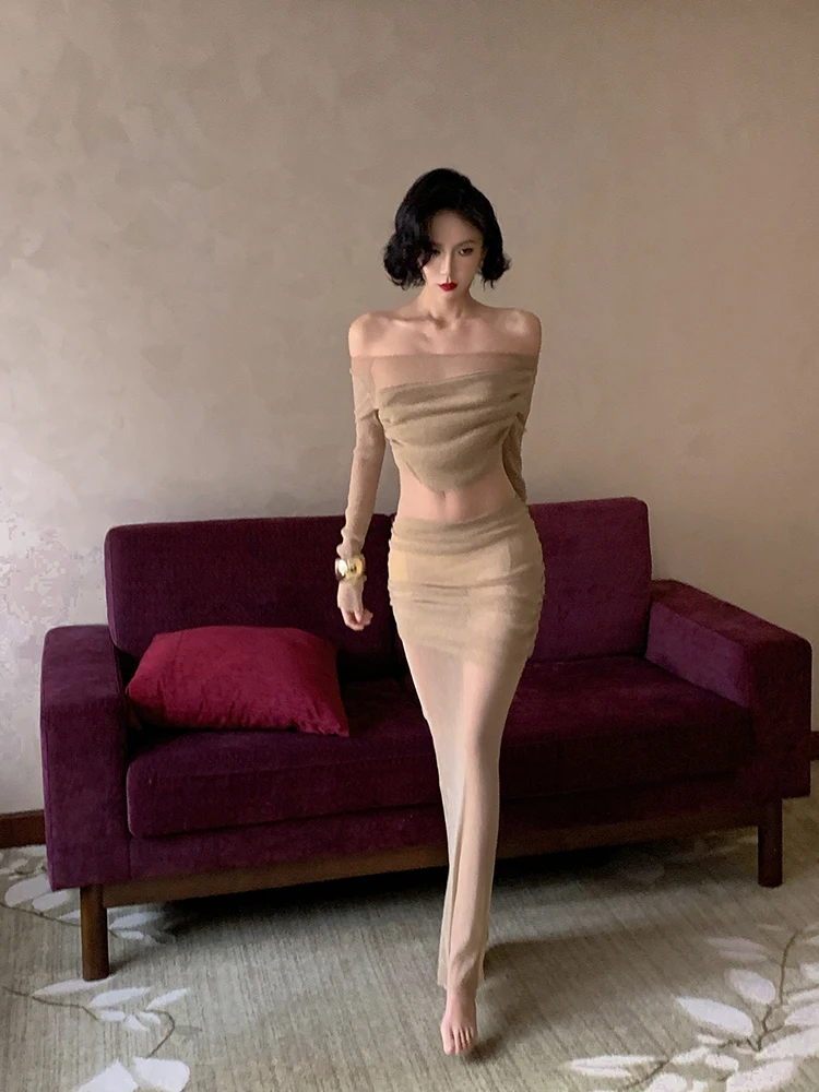 

Island Store Pure Desire High-End Sensual Long Sve Me See-tough Pleated Slim Fit oulder-baring Dr for Women