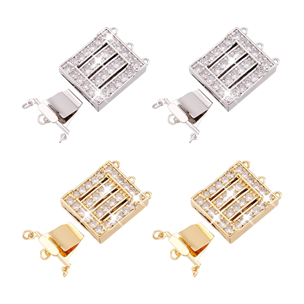 4 Sets Brass Cubic Zirconia Rectangle Box Clasps Mixed Color for DIY Necklace Bracelet Jewelry Making Accessories 32.5x22x6.4mm