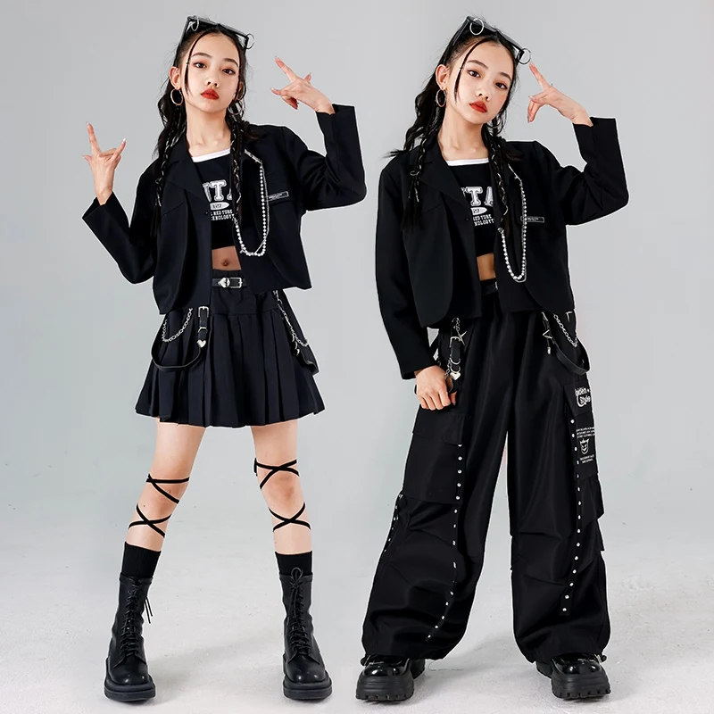 

Black Jazz Dance Suit For Girls Kpop Stage Clothes Hip Hop Performance Costume Kids Fashion Shuffle Pants Shorts Jacket AMY1295