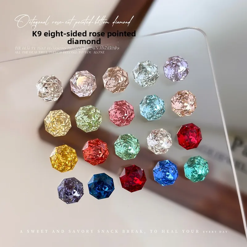 LYLE 4PCS K9 Octagon Millennium Rose Crystal Rhinestones Pointed Back Multi Facet Sparkly Light Luxury Nail Art Diy Set Decor