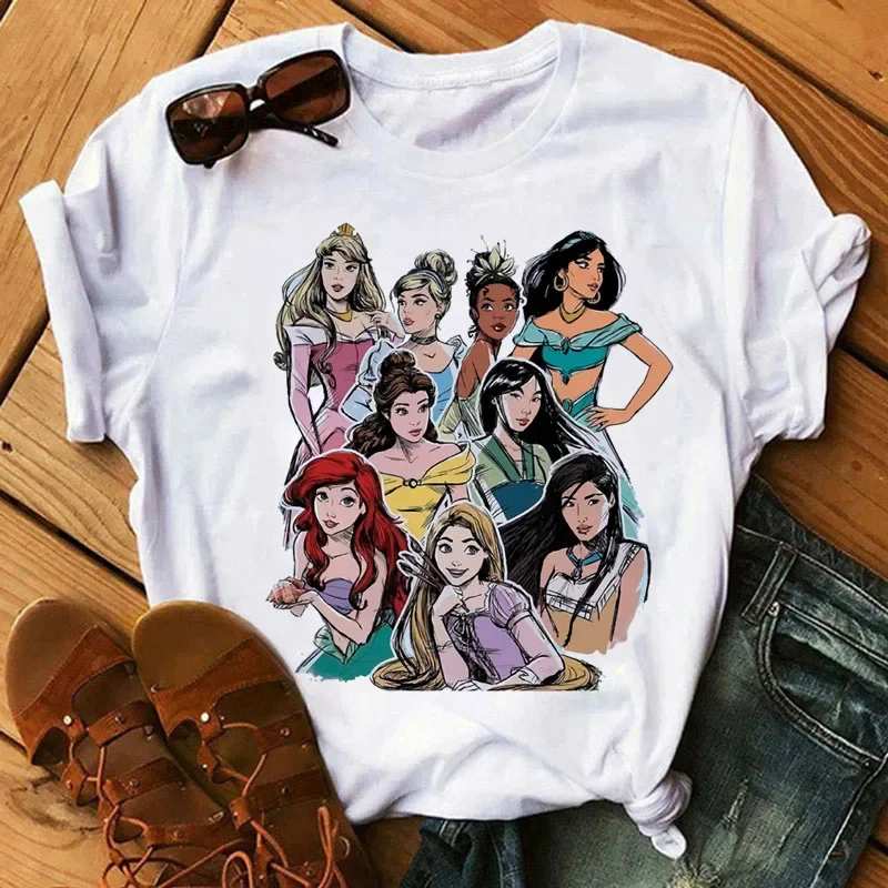 Disney Cartoon Cute Princess Women T-shirt Kawaii Graphic Short Sleeve T Shirt 2024 Summer Streetwear Print Y2k Clothing Tops