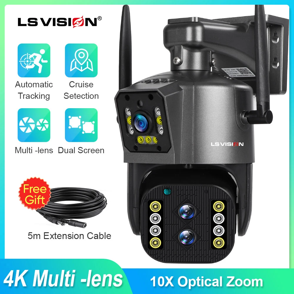 

LS VISION Outdoor Wifi Security Camera 8MP 4K 10X Zoom Surveillance IP 3 Lens Dual Screen Cameras Ai Auto Tracking CCTV Cam