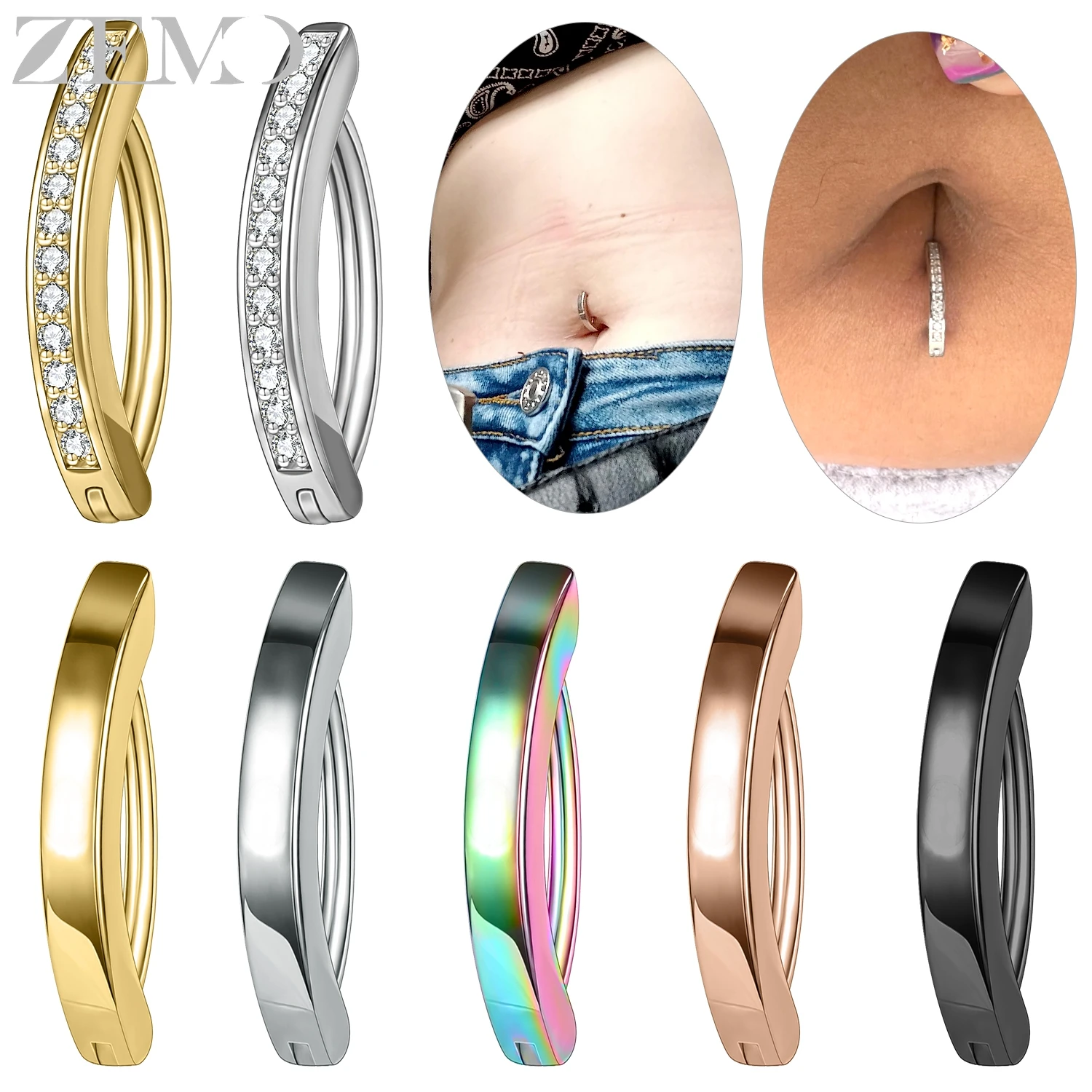 ZEMO 1 PC 16G/14G Curved Stainless Steel Navel Rings Women Men Belly Button Ring Colorful Umbilical Belly Body Piercings 10/12MM