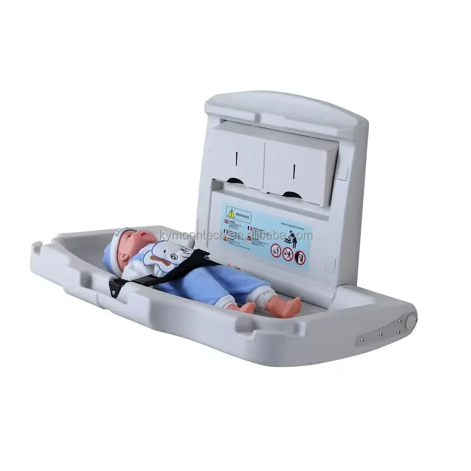 Wall Mounted Commercial Diaper Changing Table Folded Down White Grey Stable Baby Changing Station Unit For Public