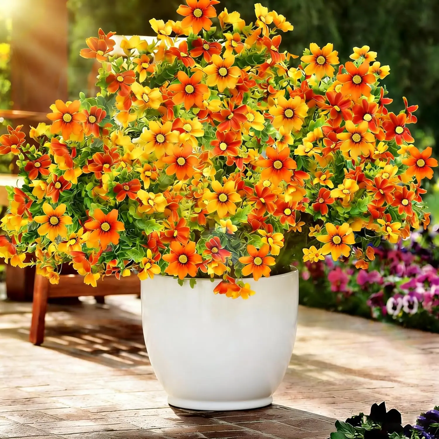 UV-Resistant Orange Daisy & Eucalyptus Artificial Flowers for Outdoor Decor, 12 in