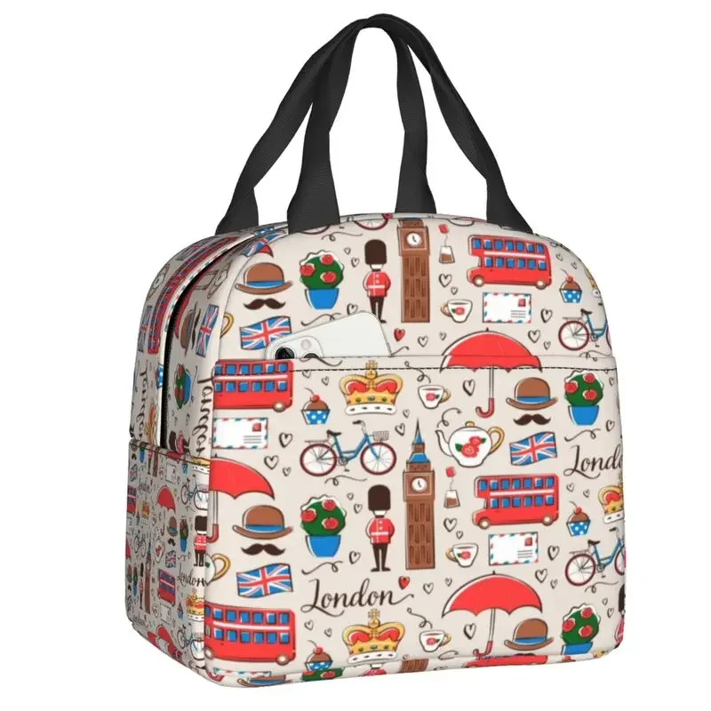 London Pattern Insulated Lunch Bag for Women Portable British Flag UK Red Bus Thermal Cooler Bento Box Office Work School