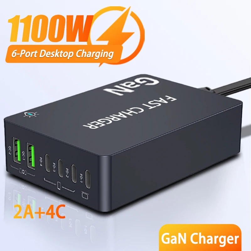 GaN Fast Charging Desktop Tablet 1100W 2 USB And 4 PD Ports QC3.0 PPS Chargers Station for Smartphone Pad Laptop for Home Office
