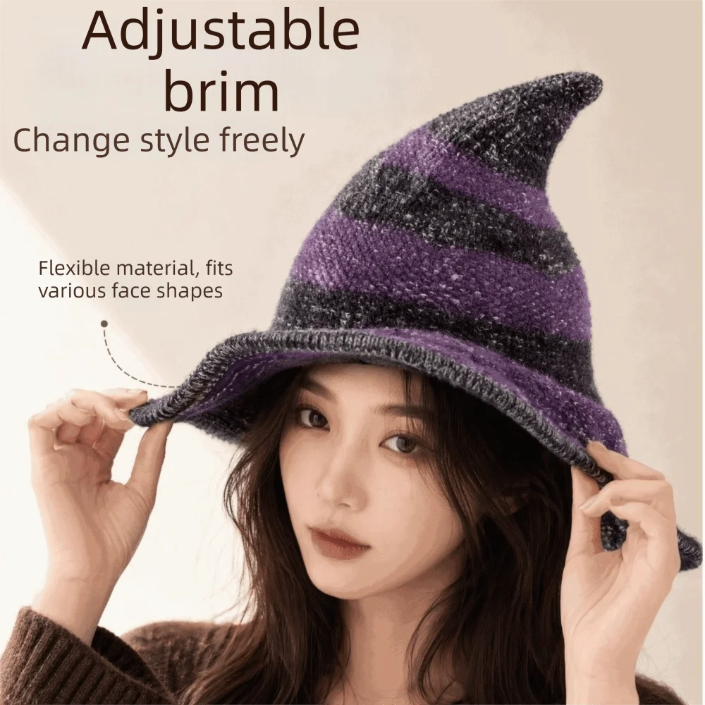 Crochet Halloween Bonnet Wide Edges Witch Hat Spire Soft Knitted Wizard Cap Yarn Cotton Foldable Halloween Hat Halloween Party