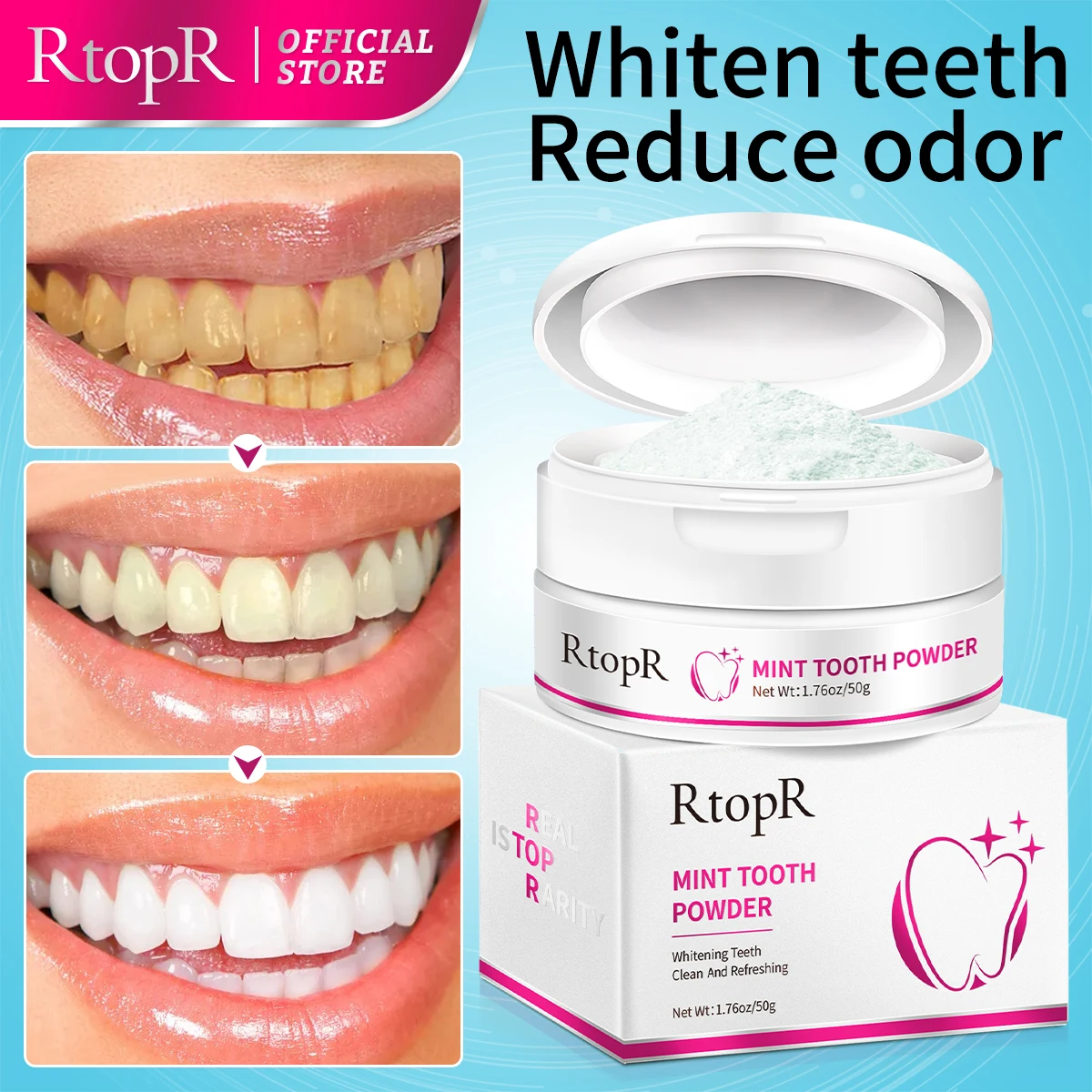 RtopR Teeth Whitening Powder Pearl Essence Natural Dental Toothpaste Toothbrush Kit Oral Hygiene For Remove Stains Plaque 55g