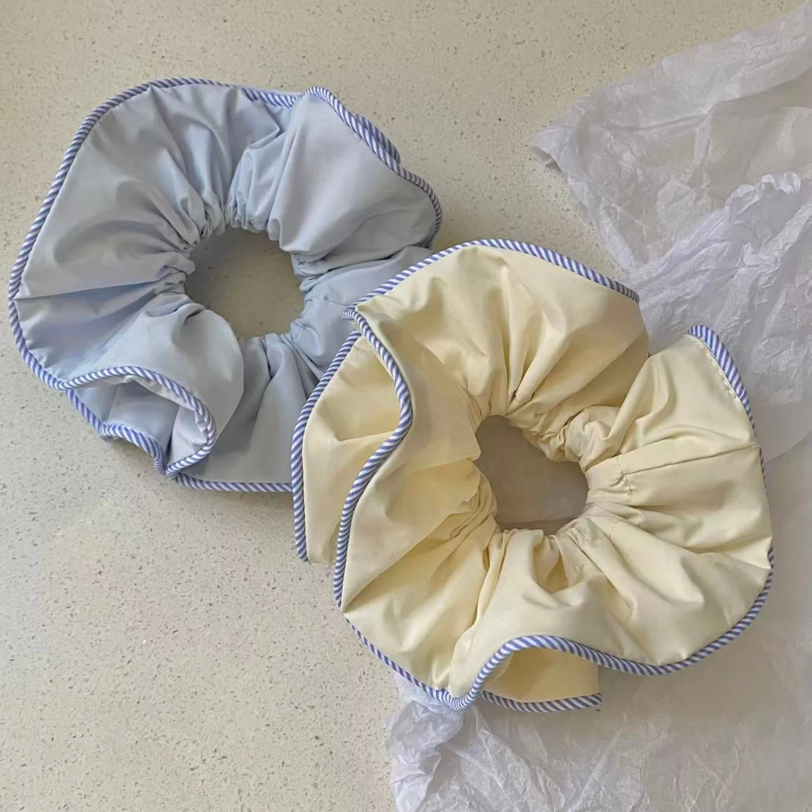 1PC Scrunchies Light Blue & Yellow With Blue Striped Edge, Cute Vintage Hair Accessories For Women Girls, Daily Styling & Gifts
