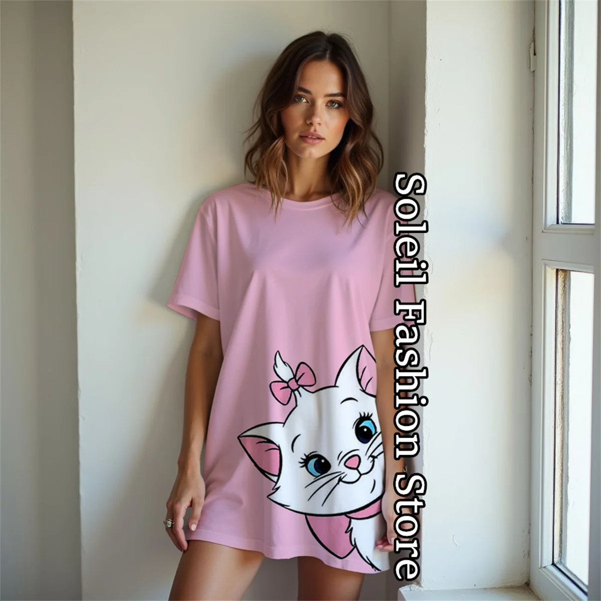 Disney-Robe imprimée Marie Cat pour femme, manches courtes, t-shirt à col rond, jupe de nuit mignonne, élasthanne de base, dessin animé, mode, 03