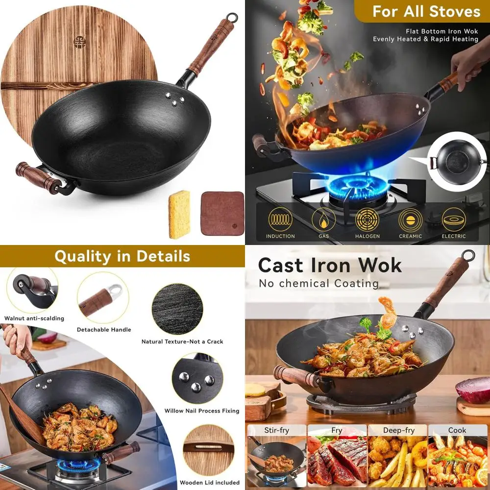 

12-дюймовый чугунный вок с плоским дном, деревянной ручкой, крышкой и аксессуарами для всех варочных панелей — идеально подходит для жарки китайских курицов